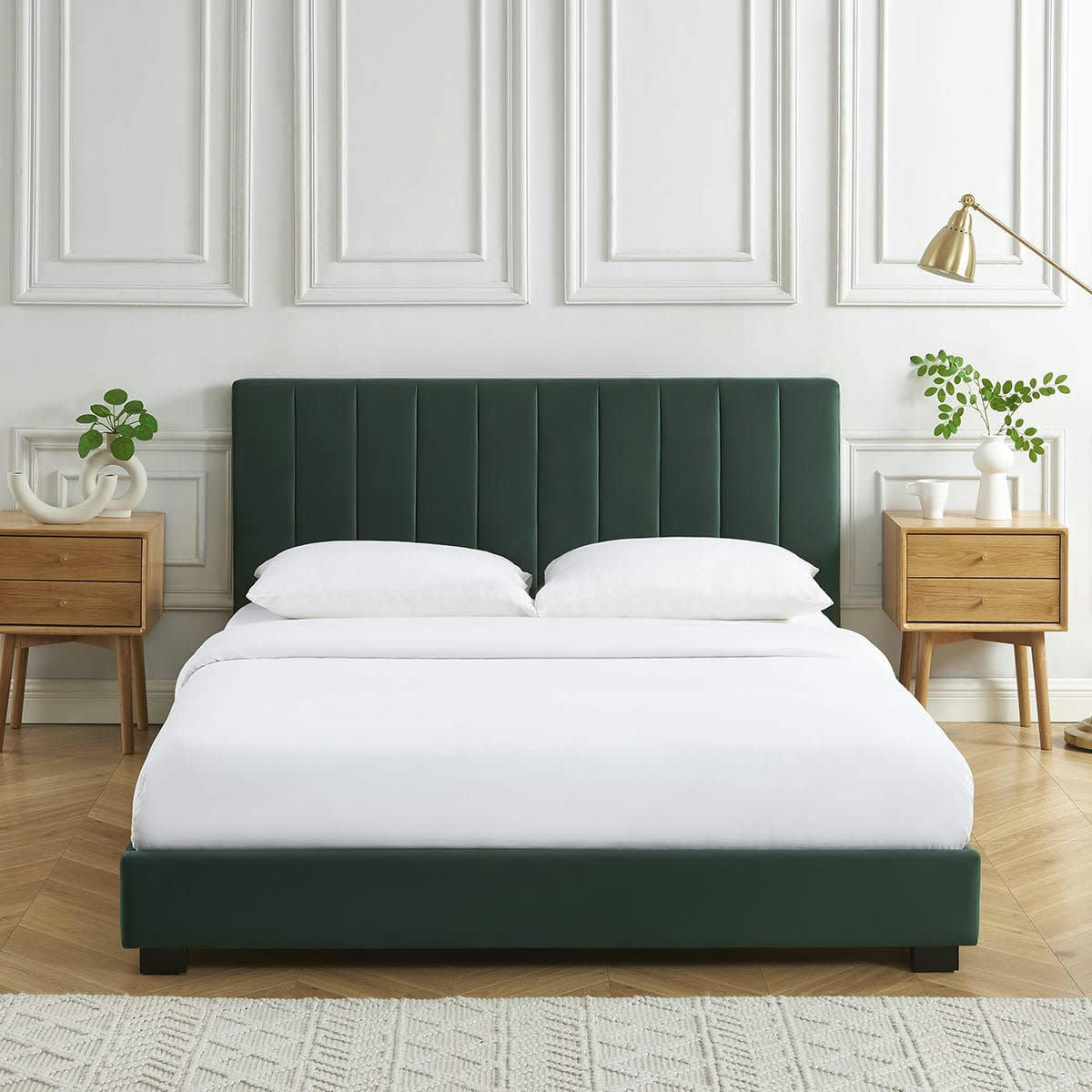 WILLIAM - Lit adulte avec tête de lit capitonnée en velours vert 160x200