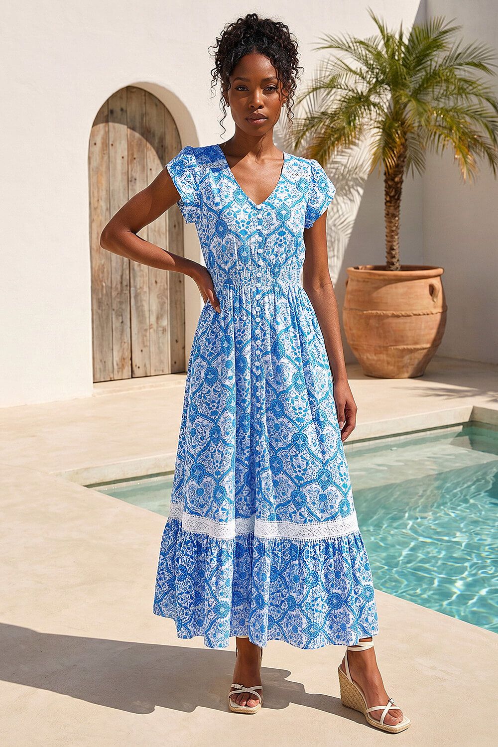 Roman Tile Print Shirred Waist Maxi Dress