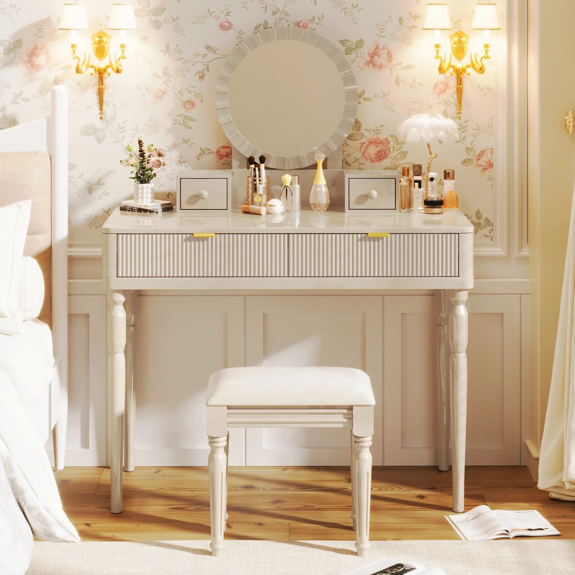 Luxury Vanity Desk with Round Mirror