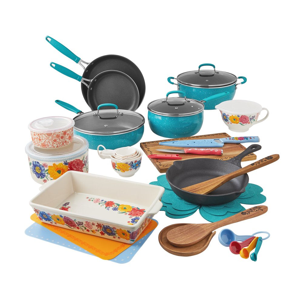 The Pioneer Woman Brilliant Blooms 38-Piece Cookware Set, Teal Complete Kitchen Solution with Floral Design