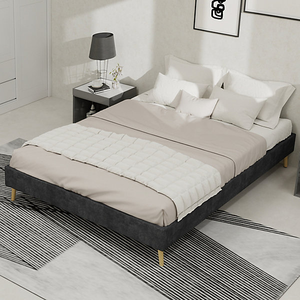 Lit Double 140x200 cm - Lit Bas Contemporain Adulte et Ado, Cadre Minimaliste et Robuste, Sans Tête de Lit, Sans Matelas, Gris