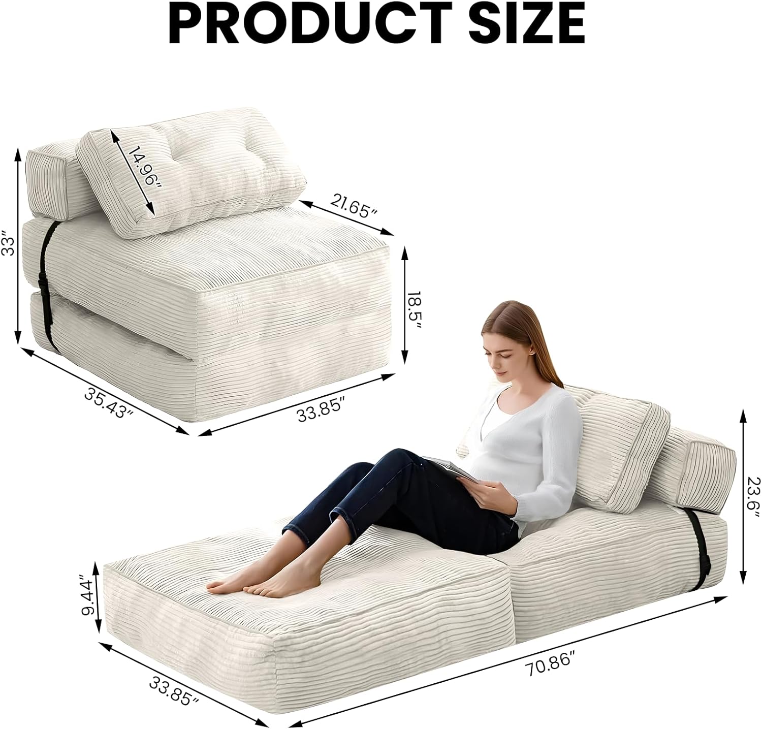 tantohom Folding Sofa Bed, Convertible Sleeper Chair with Pillow Foldable Mattress with Back Support,Space-Saving Sofa for Living Room,Bedroom (White)