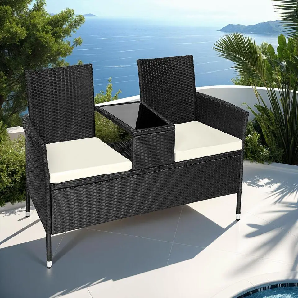 tectake Wicker tuinbank met tafel, Zwart/Beige