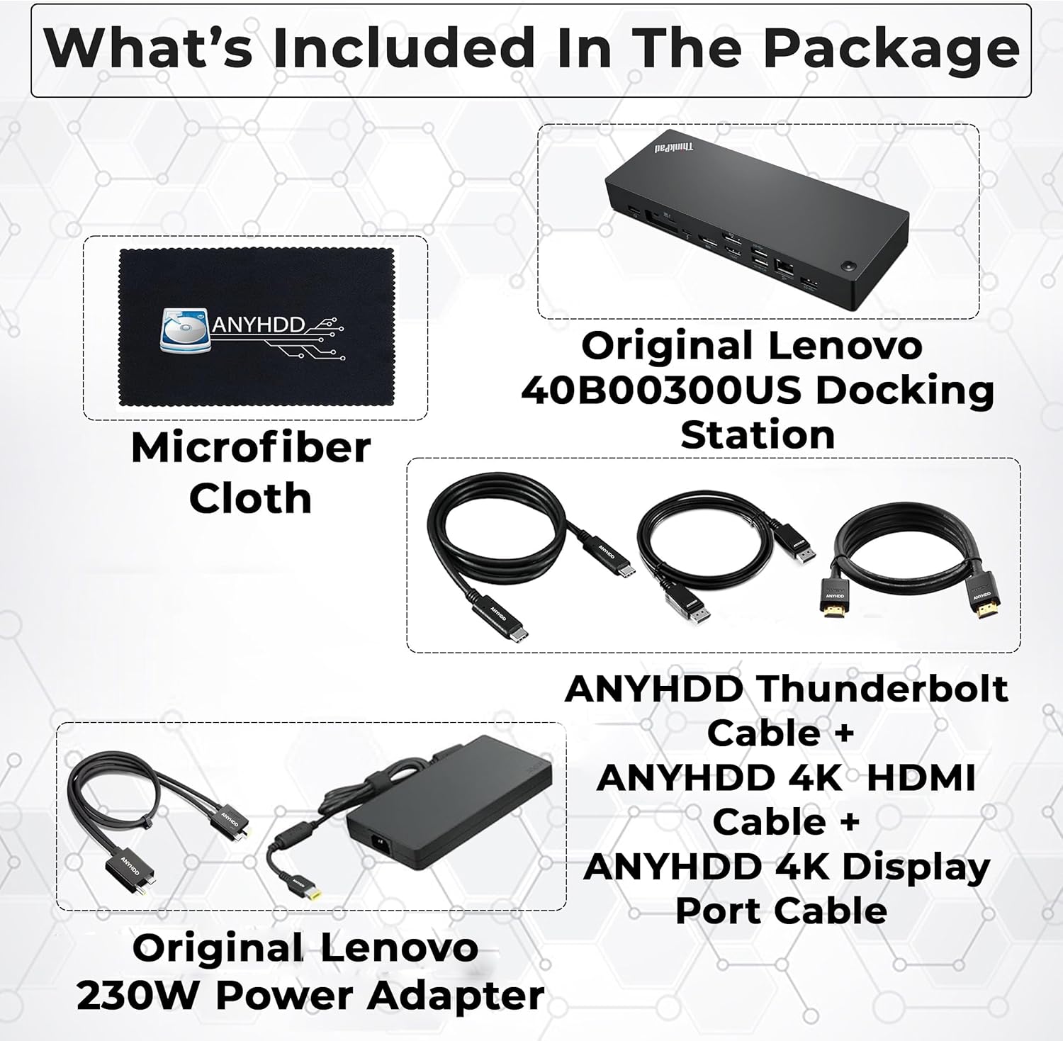 40B00300US Lenovo Docking Station USB C Bundle - 1 Year Warranty  Supports 4K Display  Thunderbolt 4 Dock with 300W Adapter  Anyhdd HDMI  DisplayPort  Thunderbolt Cables & Cloth