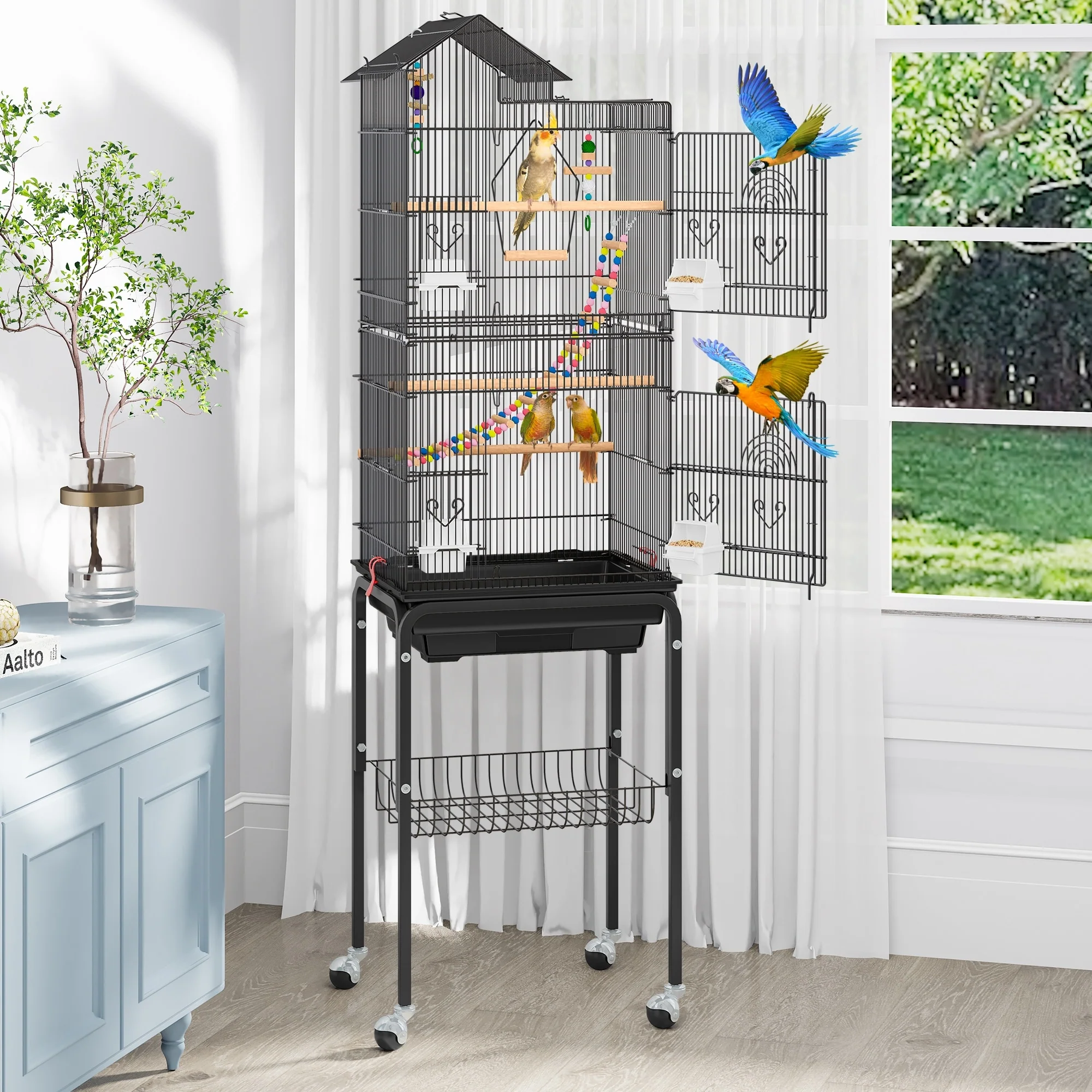 62H Metal Large Bird Cage with Roof Top, Rolling Stand and Toys