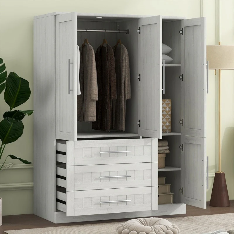 4 Door Wardrobe Bedroom Closet with 3 Storage Drawers, Solid Wood Armoire Clothes Organizer with Hanging Rods & Storage Shelves