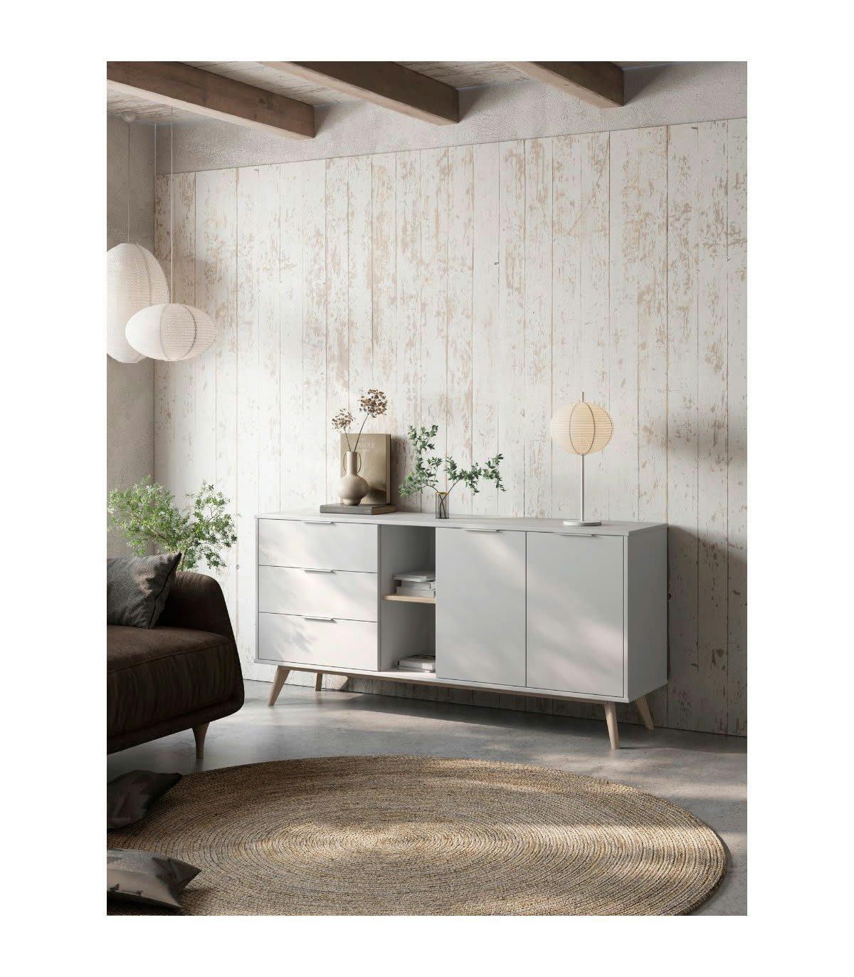 CAMPUS - Buffet 2 portes, 2 niches, 3 tiroirs blanc et pin massif - L165 cm