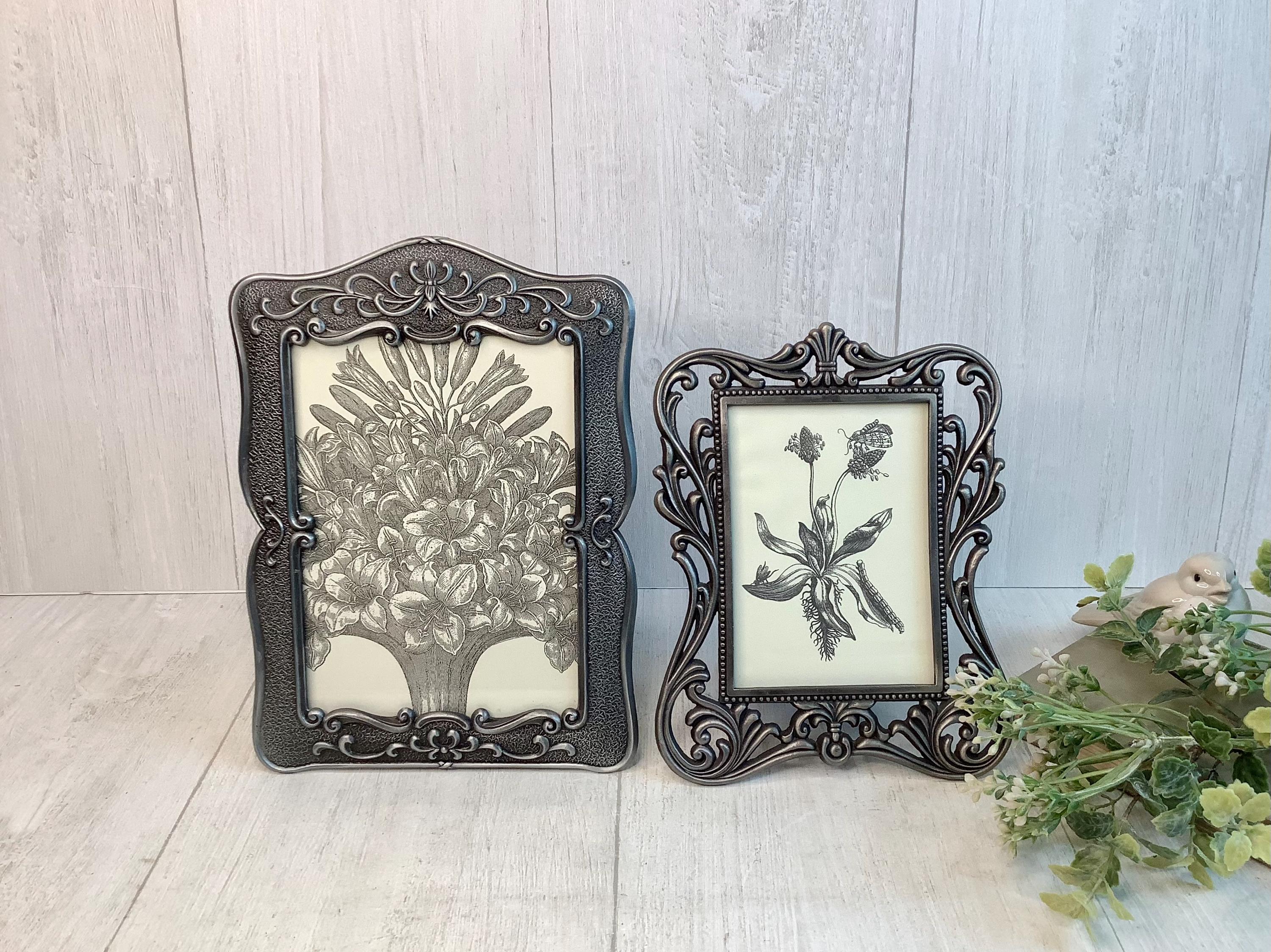 Vintage Set of Two Gray Toned Metal Photo Frames/ Ornate Metal Picture Frames w/ Scrolling Design/ Victorian/ Cottage/ Wedding