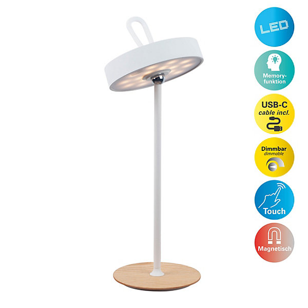 Lampe de table LED à accu magnétique pour l'extérieur et l'intérieur, en métal et plastique blanc, hauteur 36 cm