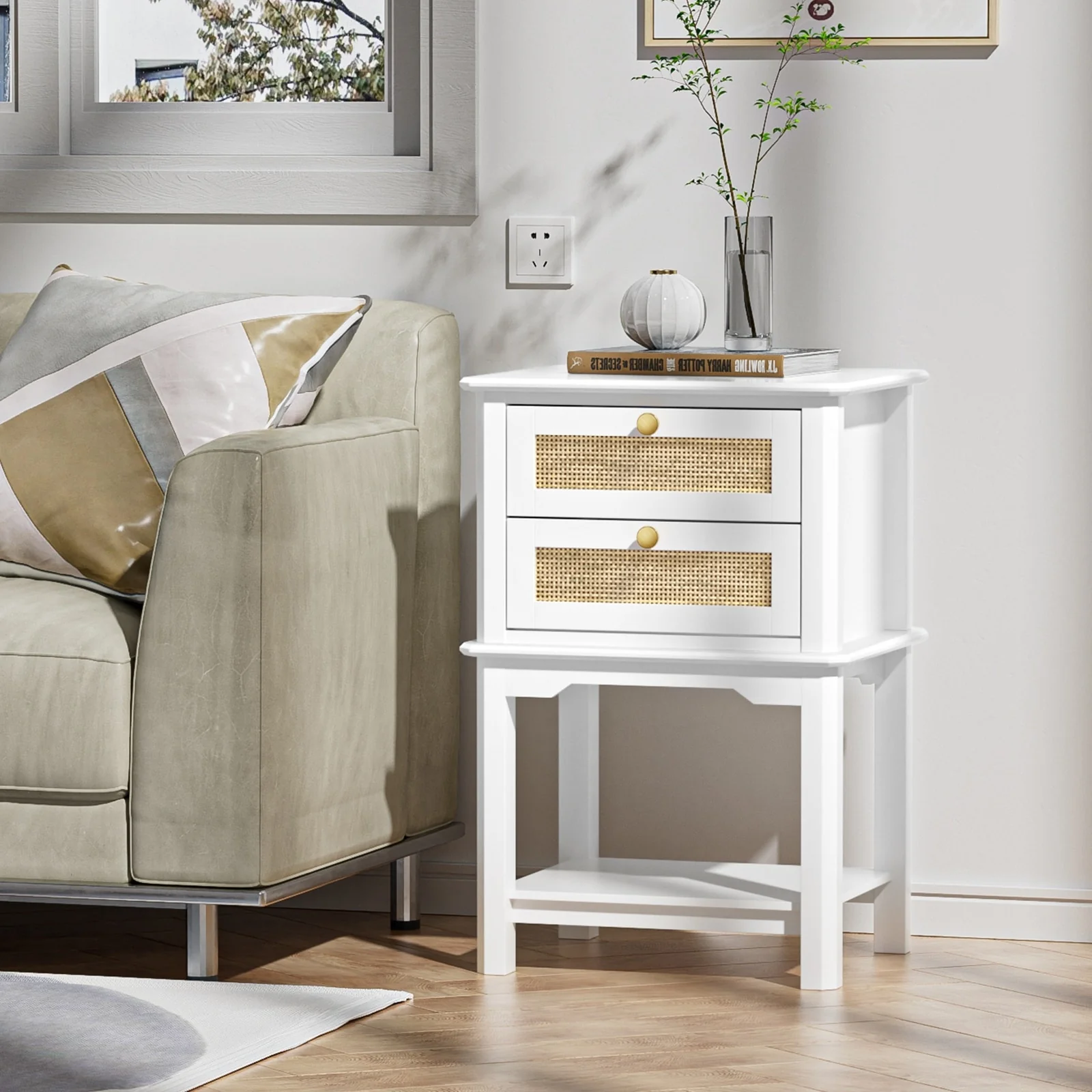 Modern 27.95H Tall 2-Drawer White Nightstand Wood Rattan Side End Table for Bedroom with Storage Shelf