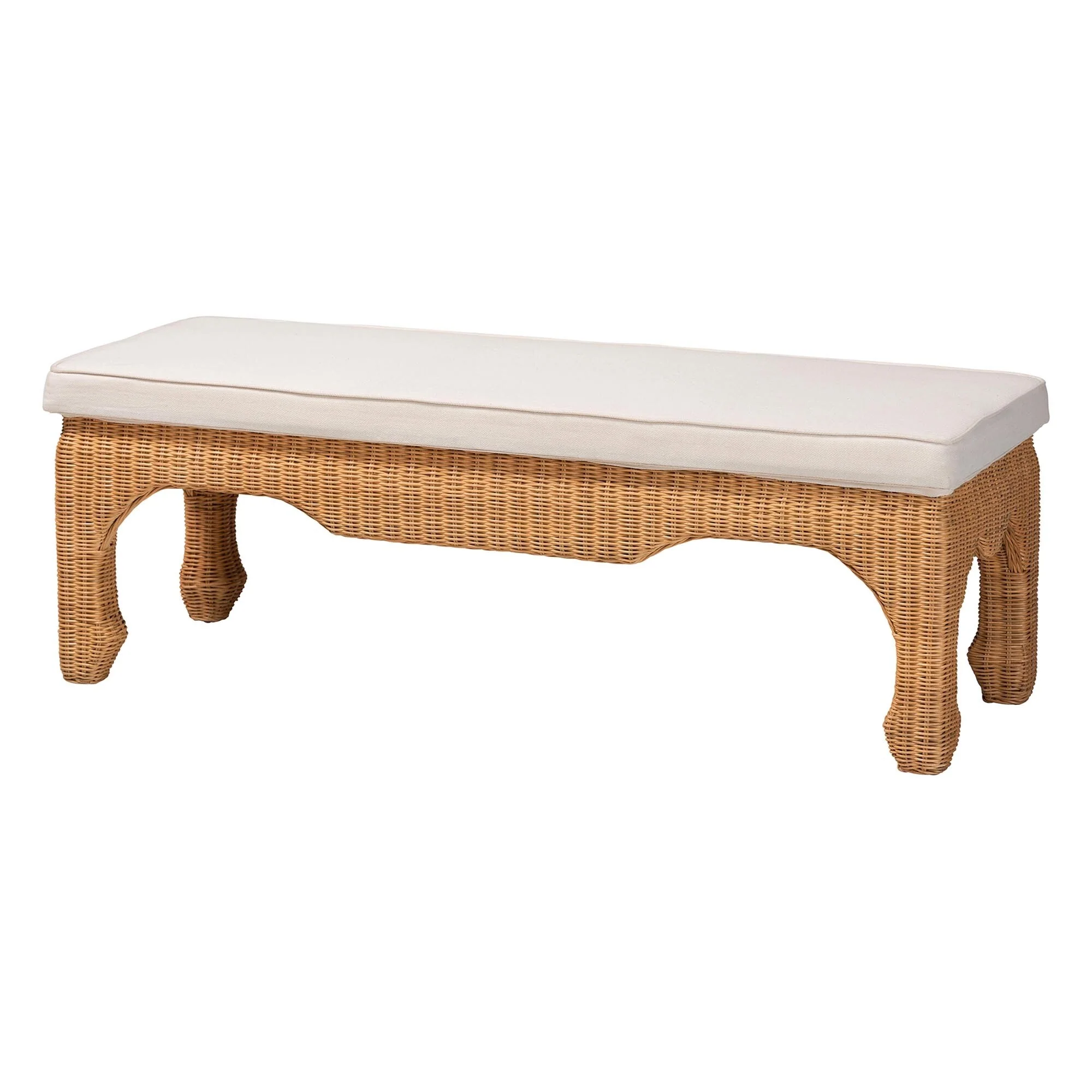 Abena Ming Style Natural Rattan Bench with Cushion - Boho Chic Accent Seating for Entryway, Bedroom, or Living Room