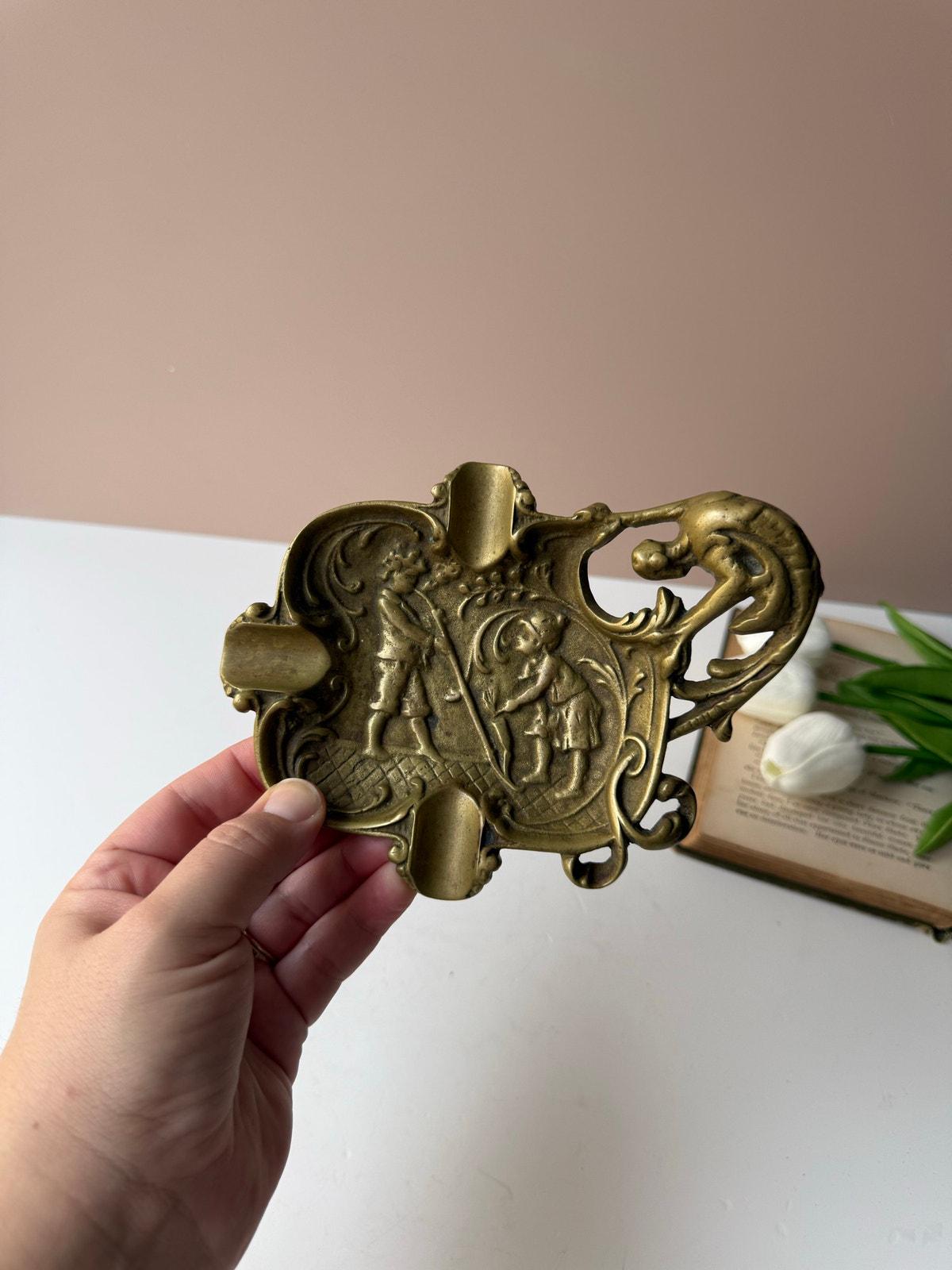 Vintage Heavy Solid Brass Ornate Dragon & Griffin Ashtray Trinket Dish | Embossed | Eclectic Decor