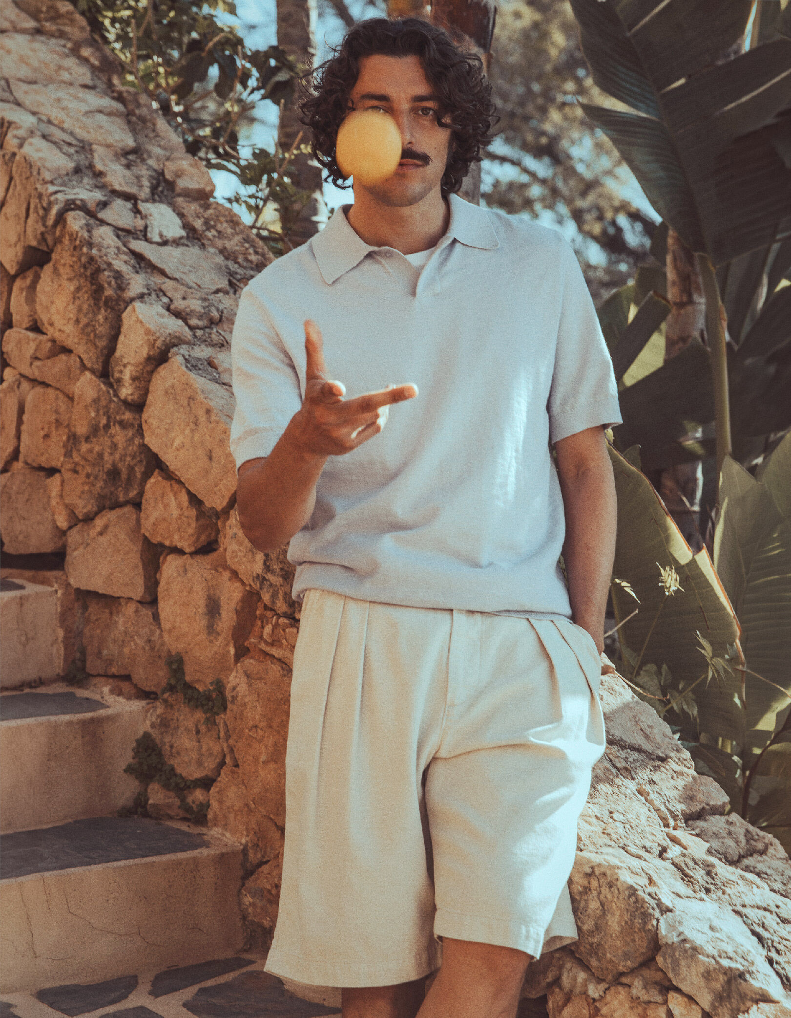 Bermuda beige coton et lin à plis Homme