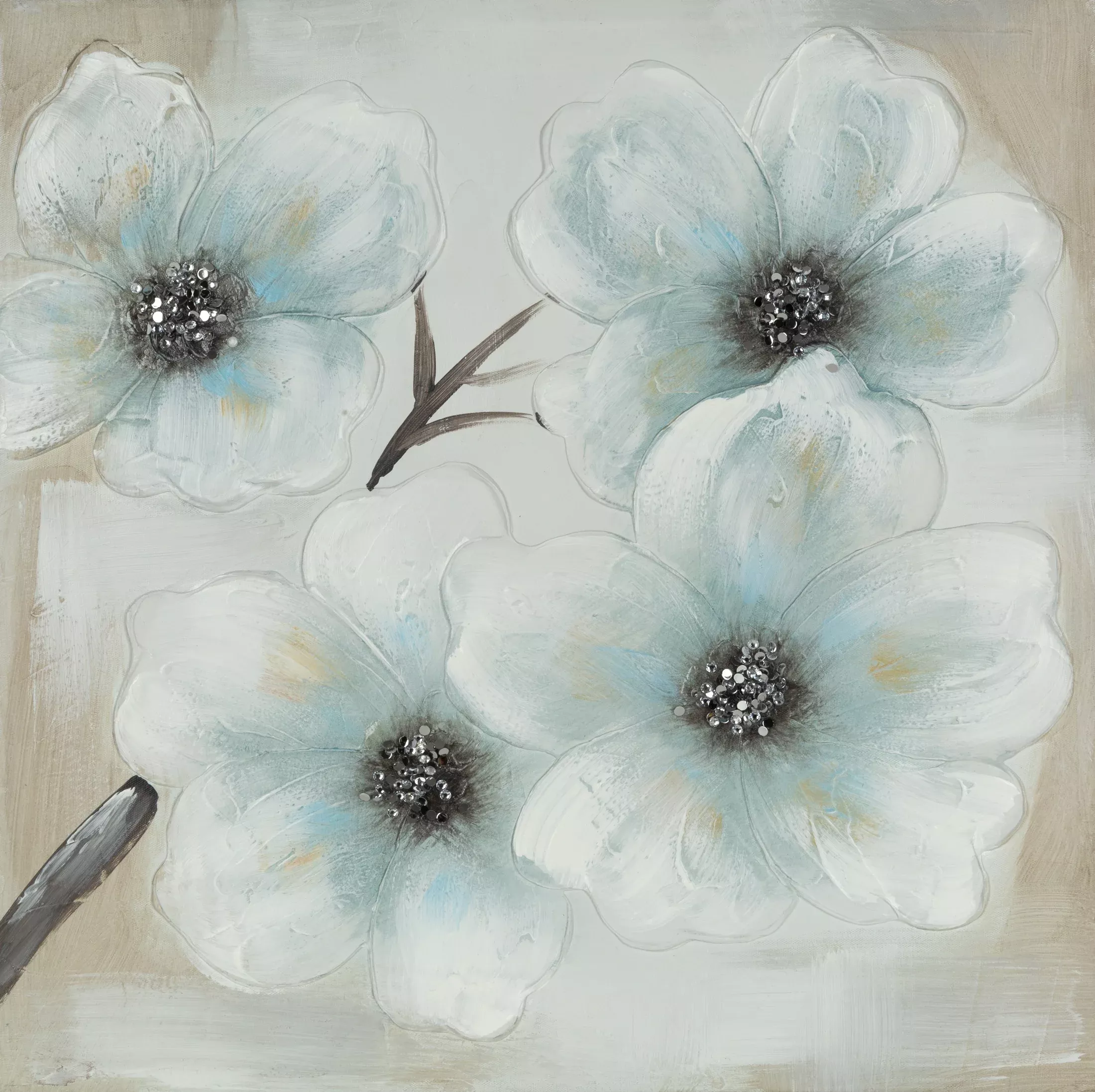 Obraz kwiatowy beżowo, jasnoniebieski ręcznie malowany na płótnie 60x60 cm BLOOM