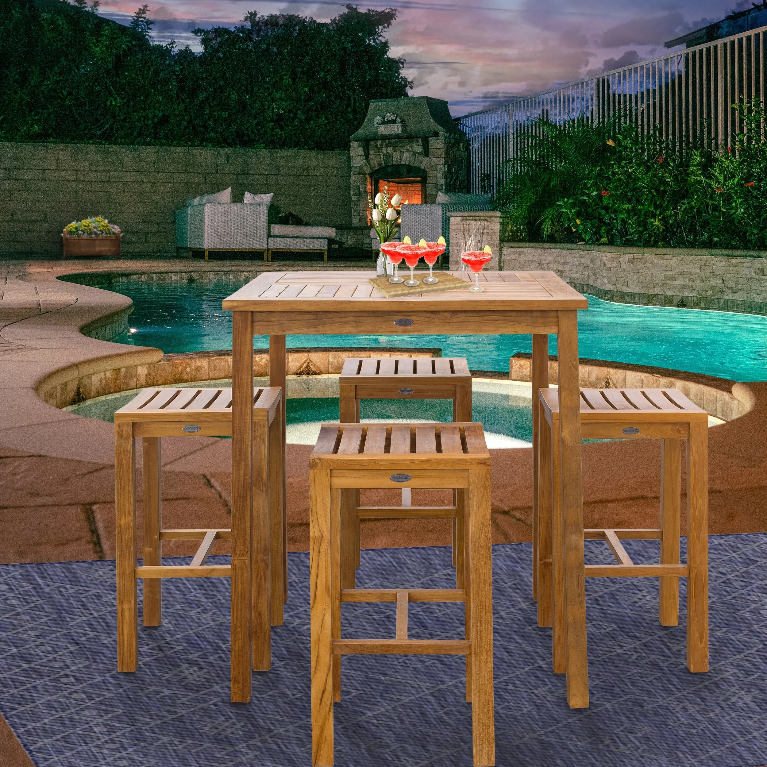 Chic Teak 5 Piece Teak Wood Havana Patio Bistro Bar Set with 35 Square Table & 4 Barstools