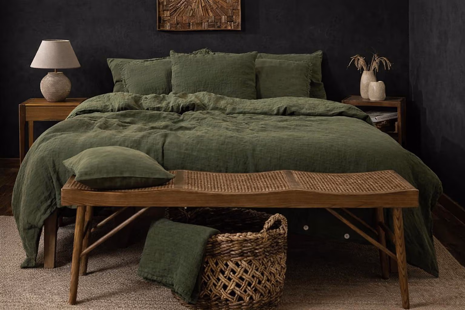 Dark Moss Green Linen Queen Duvet Cover and Pillowcases, Linen King Bedding Set With Buttons, Linen Doona Cover with Shams,