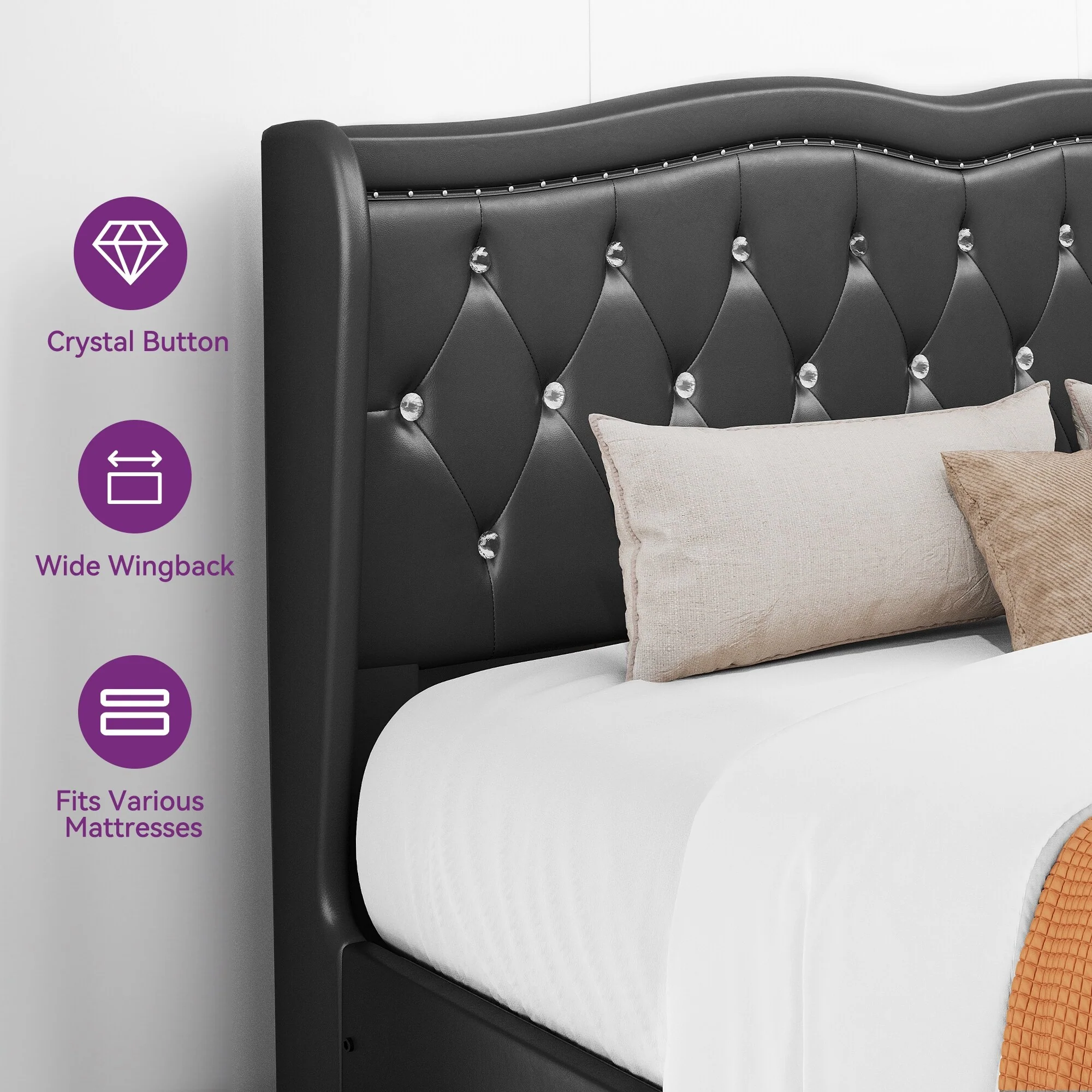 Diamond Button Upholstered Headboard Storage Bed Frame with 4 Drawers