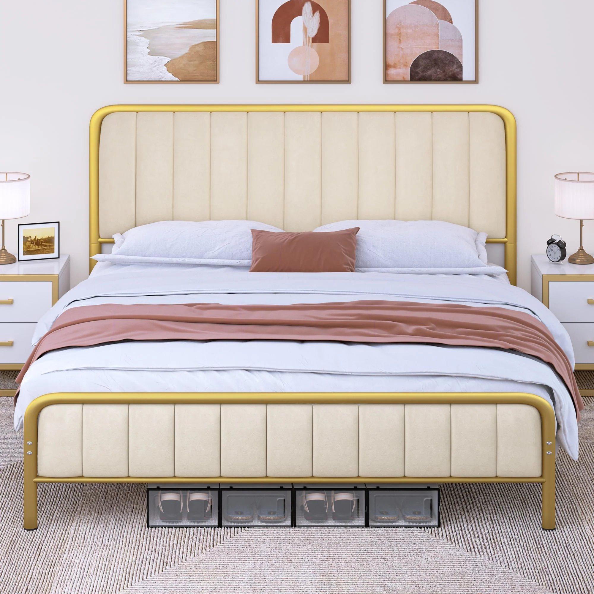 Queen Gold Metal Bed Frame with Velvet Headboard