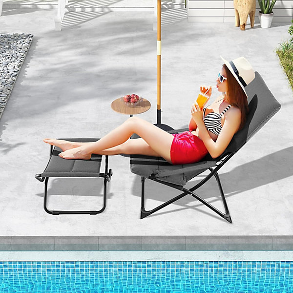 Chaise Longue Pliante avec Repose Pied Bain de Soleil Jardin Exterieur avec Tabouret en Coton Gris