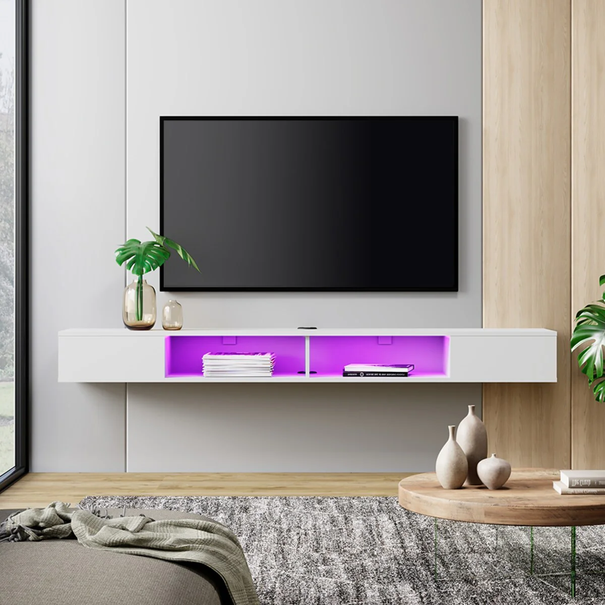 WAMPAT 70 Inch Floating TV Shelf With LED Lights, Floating TV Stand Under TV Media Console for Living Room - 70 inch