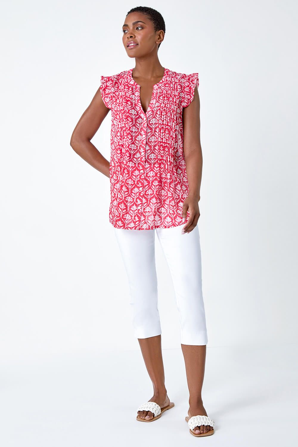 Roman Floral Print V-Neck Frill Sleeve Blouse