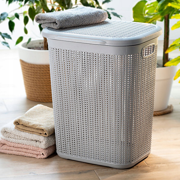 KADAX Panier à linge 50L Grand récipient en plastique avec couvercle gris