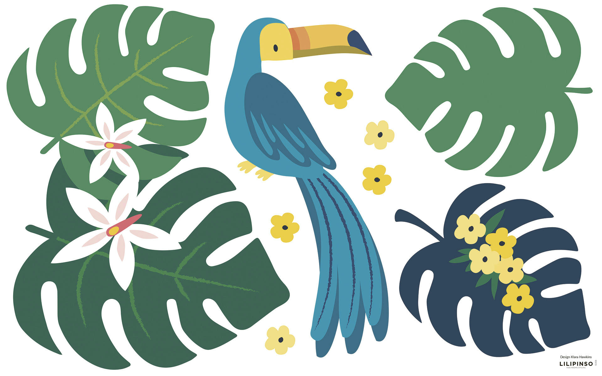 RIO - Stickers toucan et monsteras en Vinyle mat Vert 64x40 cm