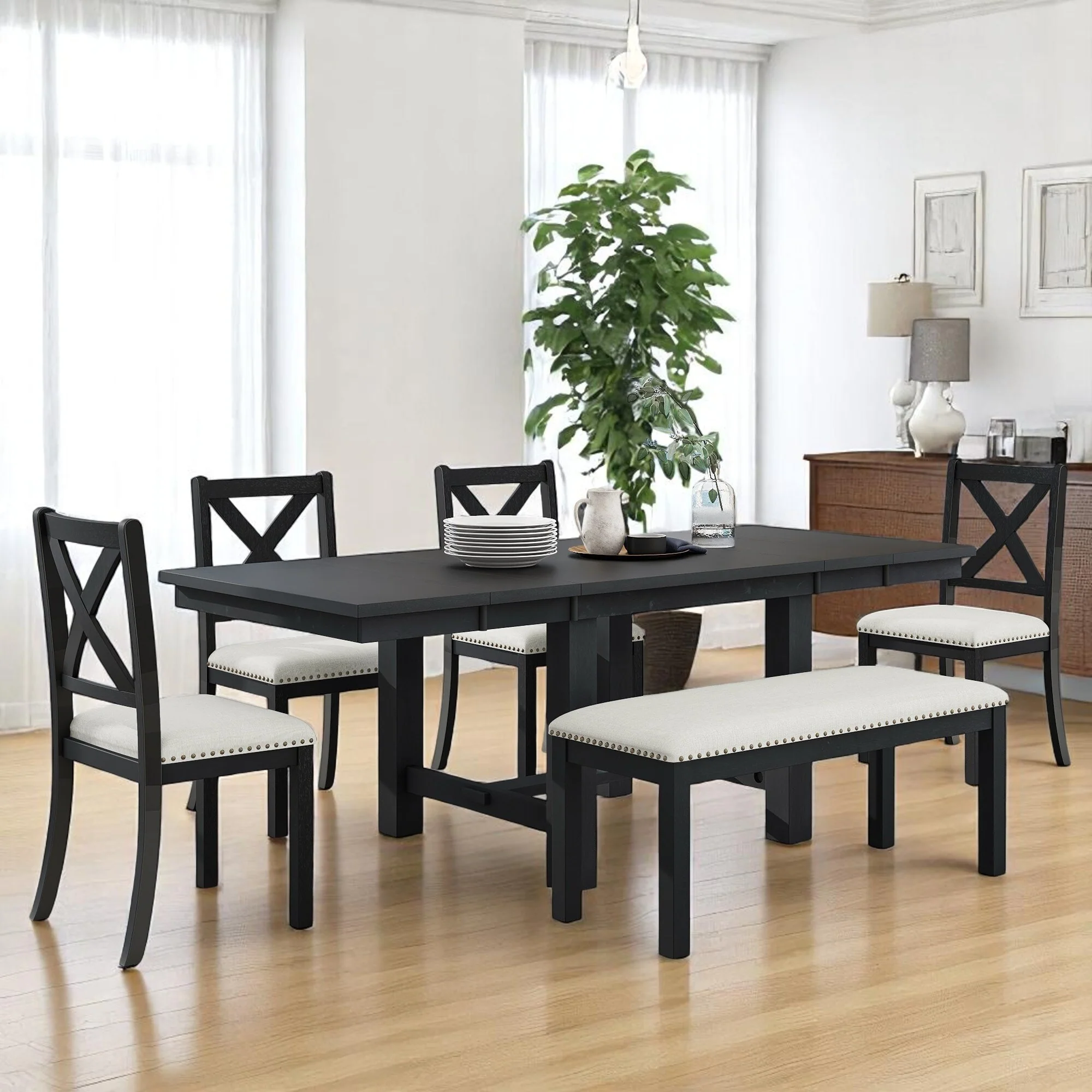 82 6-Piece Extendable Dining Table Set with Removable Leaves, 4 Upholstered Chairs and Bench for Dining Room or Kitchen