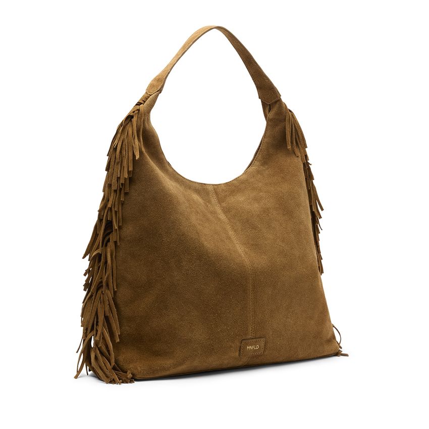Manfield Cognac suède schoudertas met franjes
