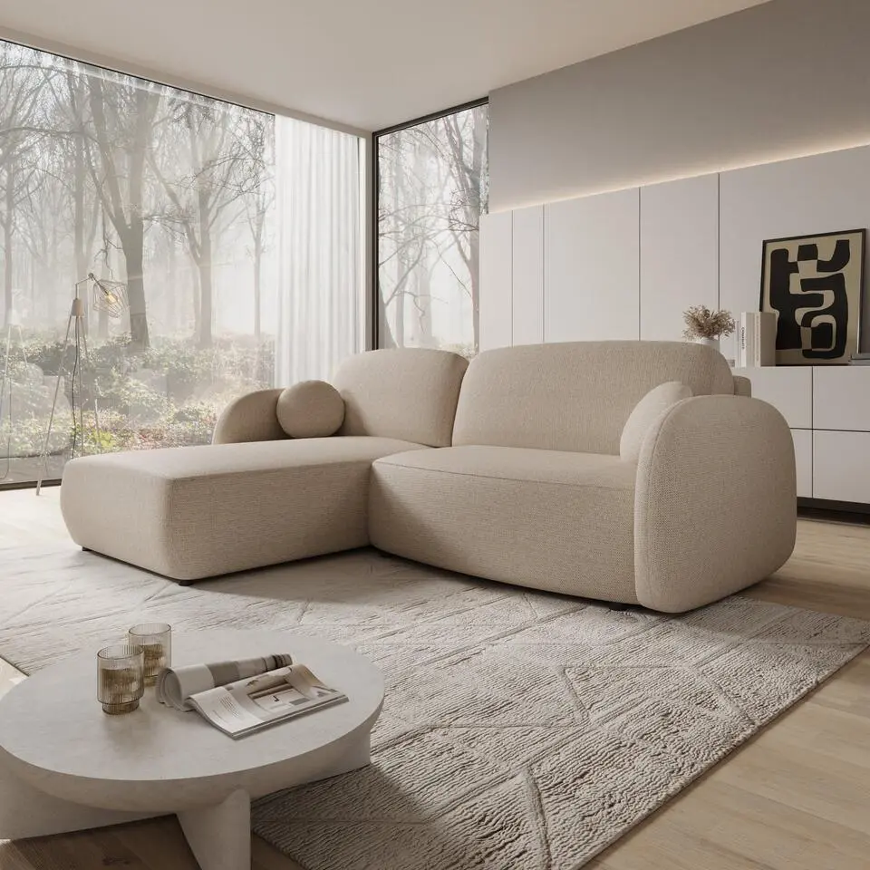 Meubella - Ometa - Hoekbank 3-zits met chaise longue - Stof beige - Links