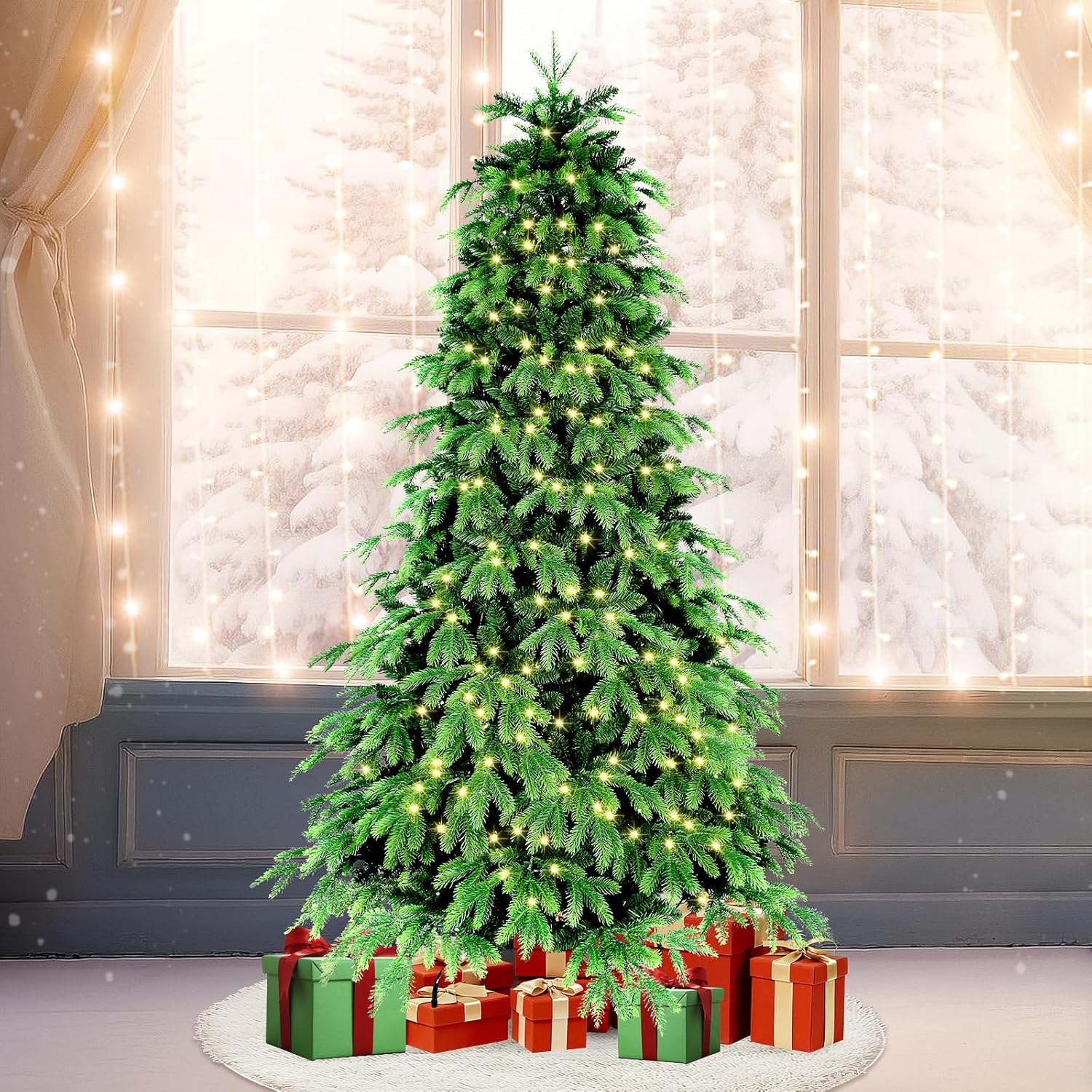 7FT Prelit Christmas Tree, Pre Lit Artificial Christmas Tree with 450 Lights and 2532 Branch Tips, Lighted Hinged Xmas Tree with Foldable Metal Stand for Party, Holiday, Home, Office
