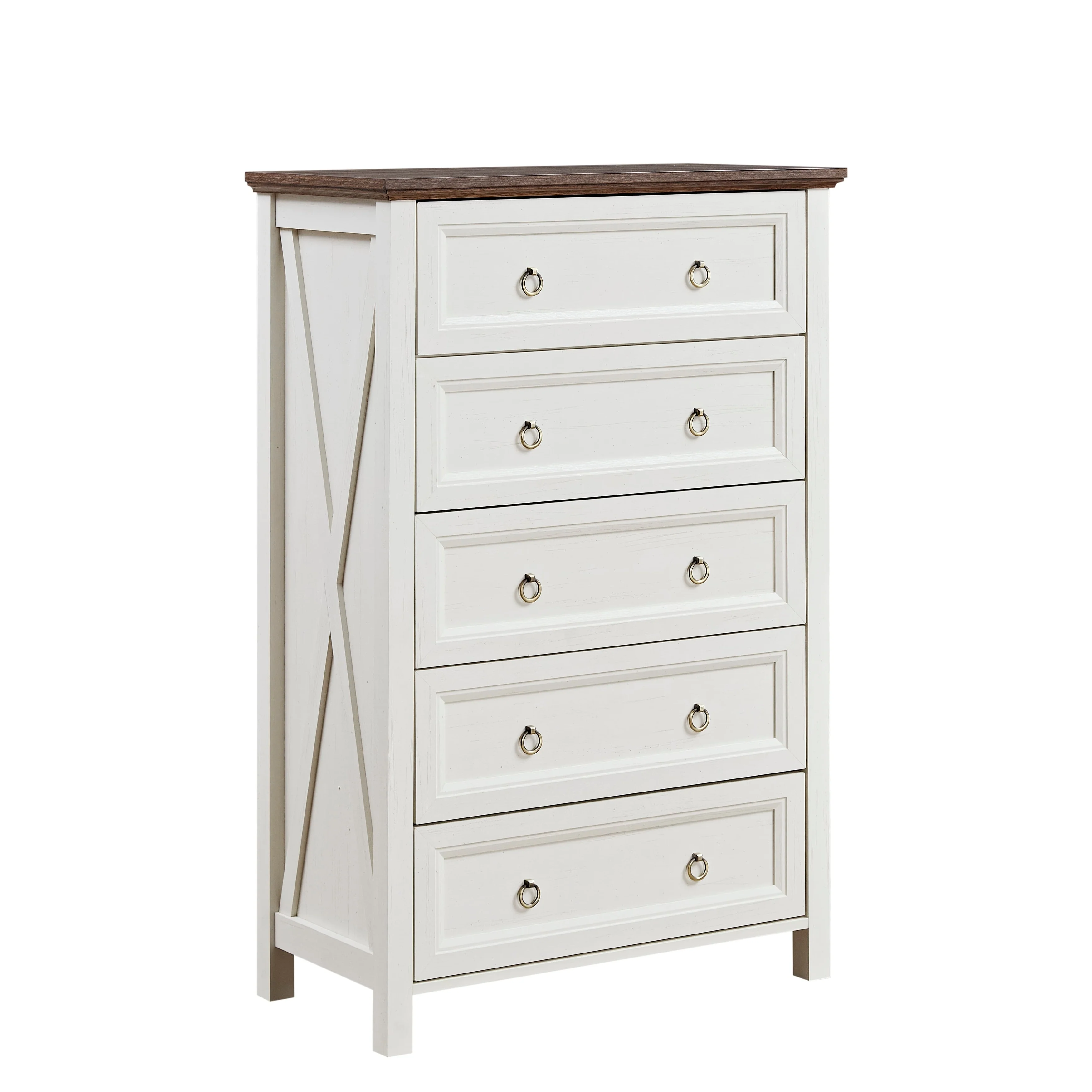 Farmhouse Style 5-Drawer Vertical Chest with Rustic Wood Wide Finish and Metal Ring Handle