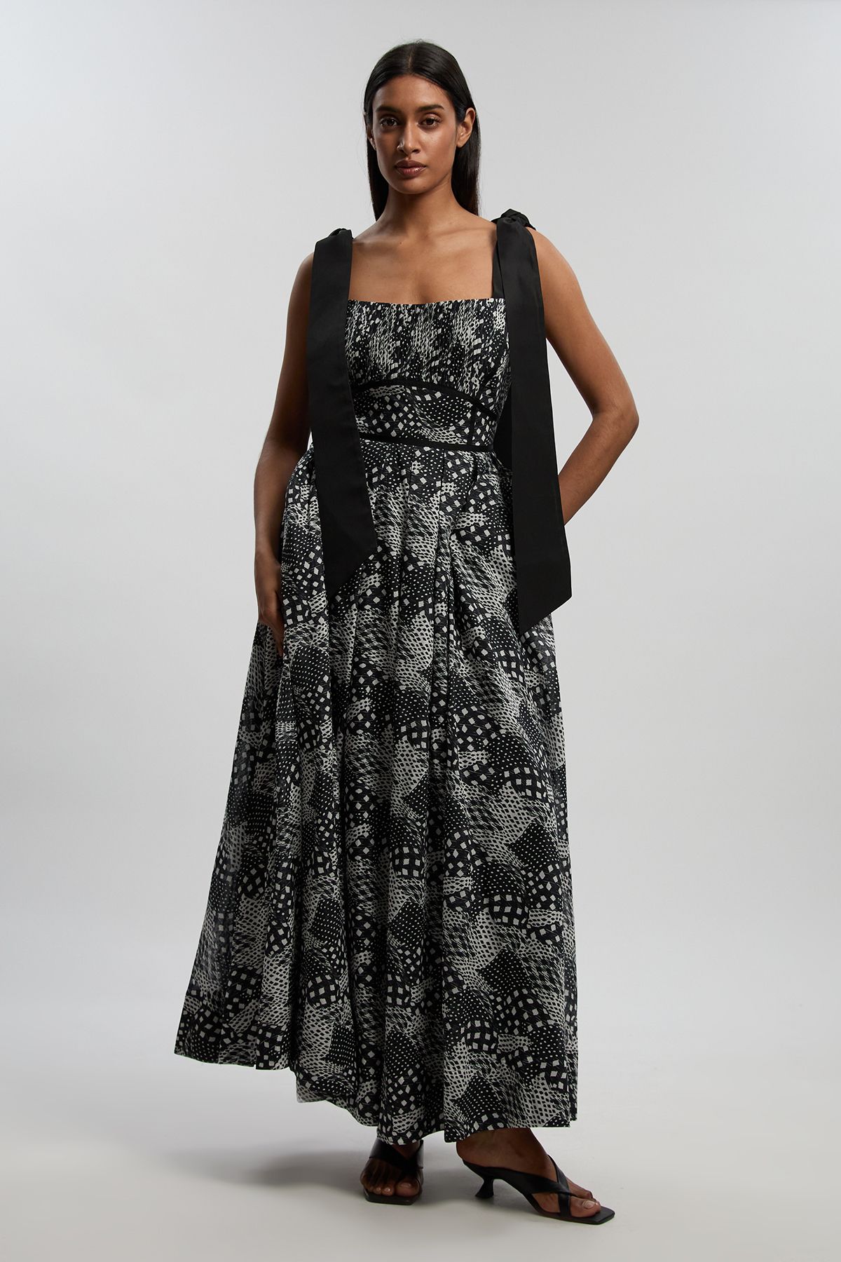 KarenMillen Mono Geo Silk Cotton Woven Strappy Dress