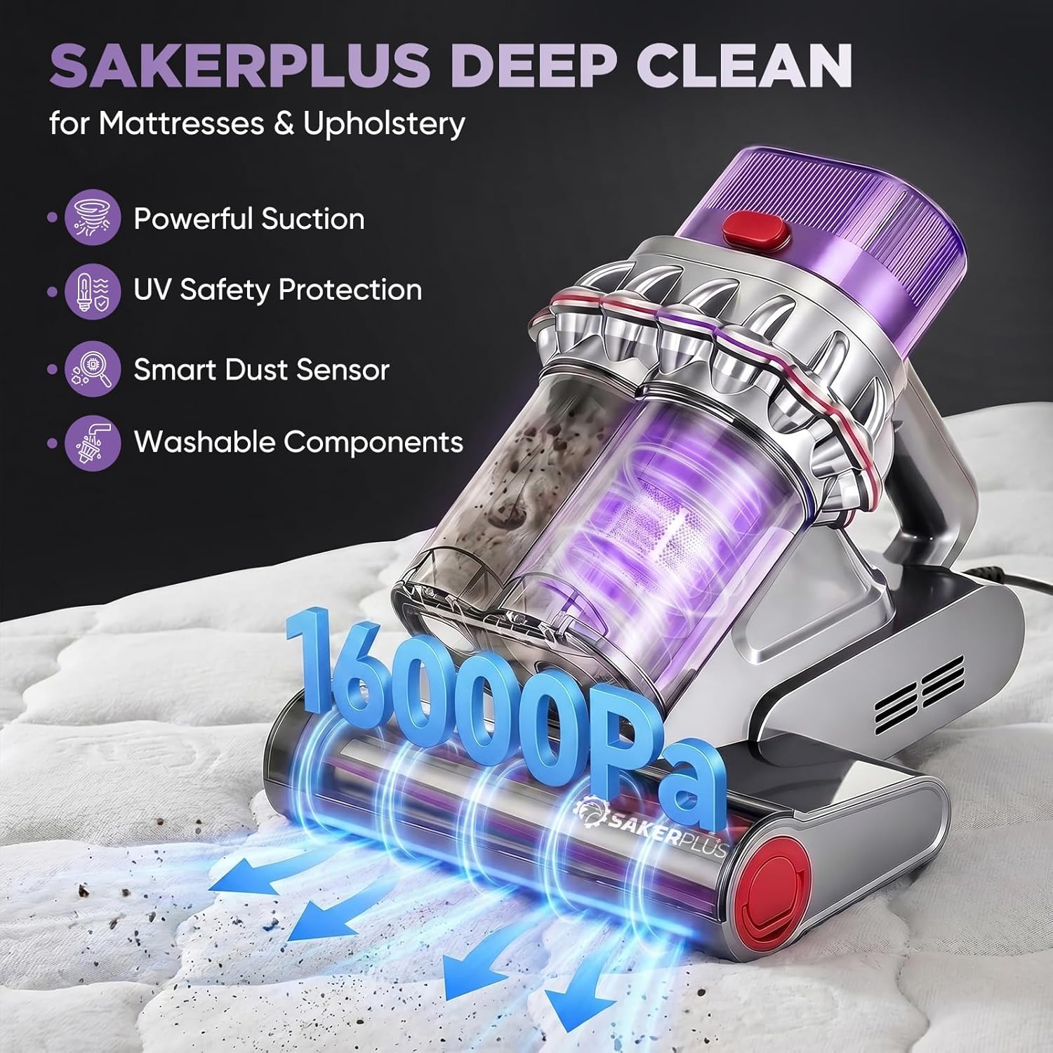 SakerPlus Powerful Bed Vacuum Cleaner, 350W Corded Mattress Vacuum with 2-Cup System,Smart Dust Sensor,Washable Dust Cup & Roller Brush, 16.4 ft Cord, for Mattress, Sofa