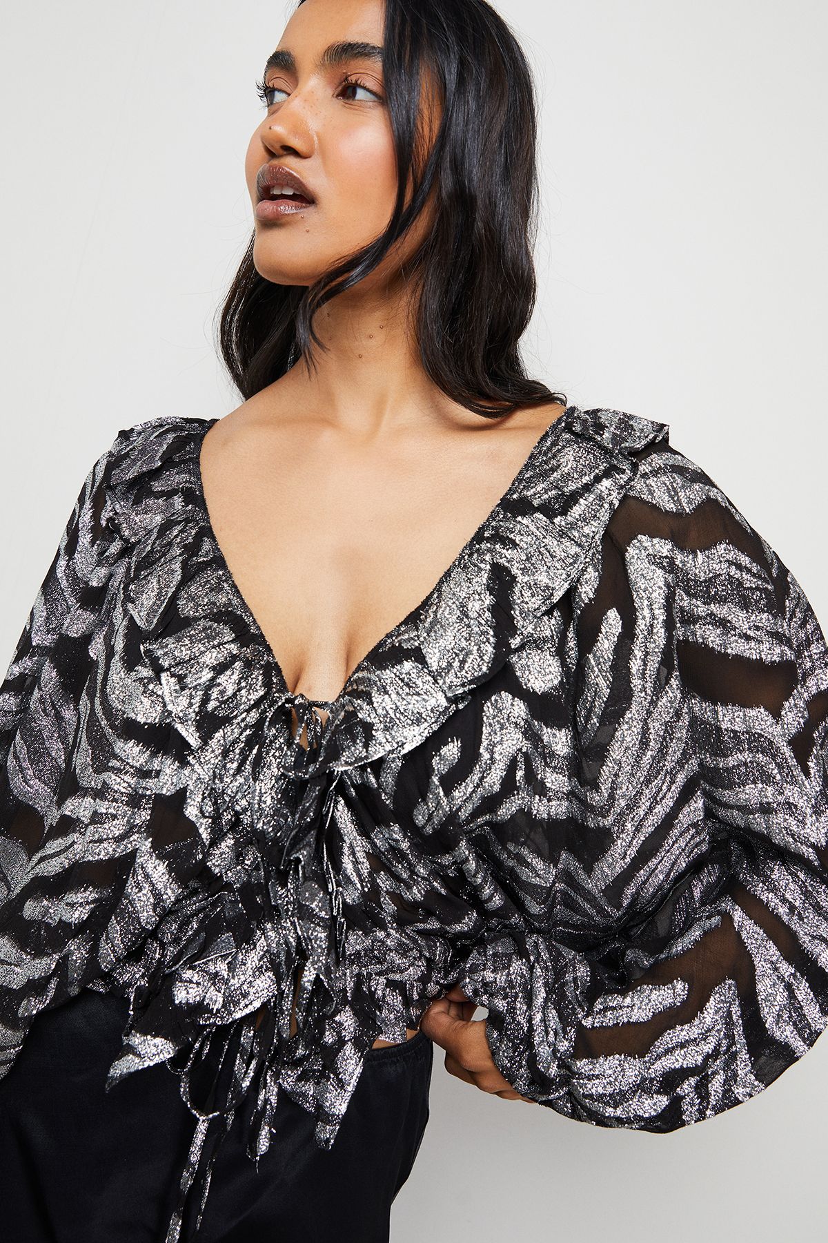 Warehouse Viscose Metallic Zebra Jacquard Blouse