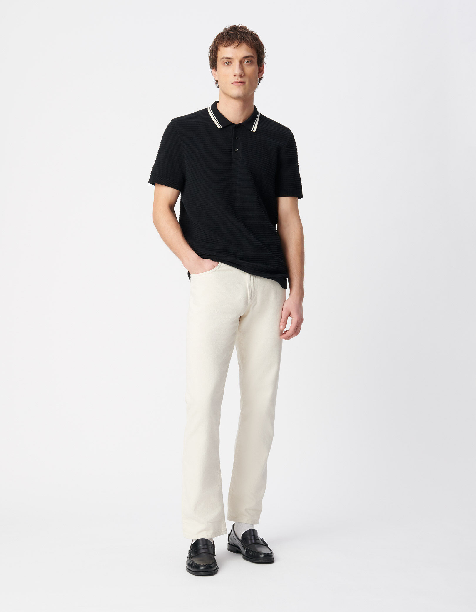 Polo noir tricot relief rayures col rayé Homme