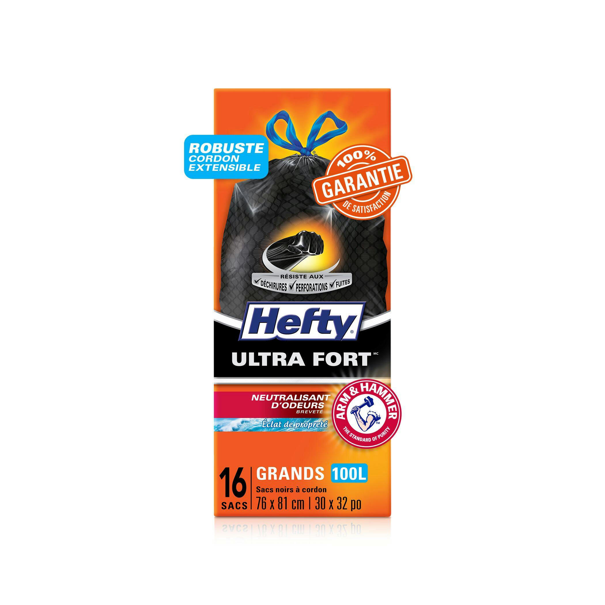 Hefty® ULTRA STRONG™ Large 100-L Black Garbage Bags with Drawstring & ARM & HAMMER™, 16-pk