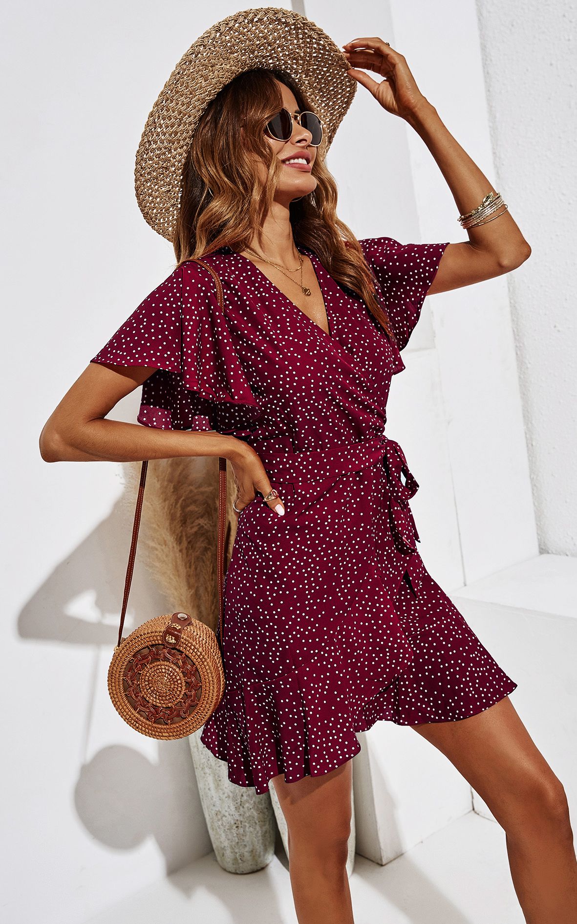 FS Collection Polka Dot Mini Wrap Style Dress
