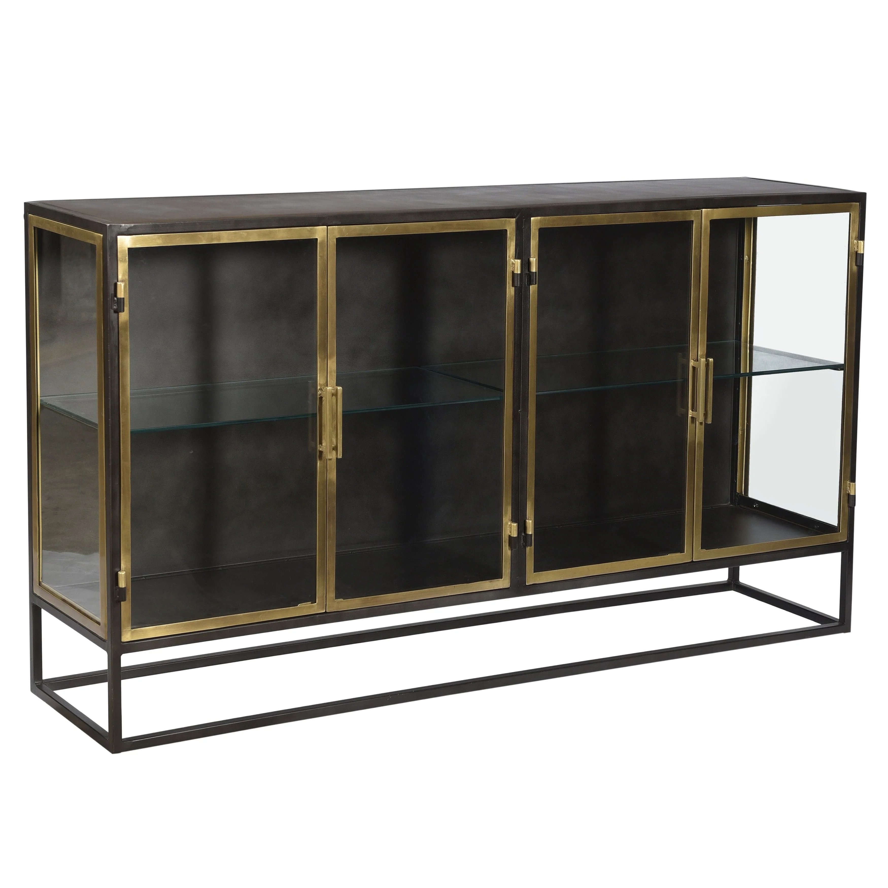 Brynlee 72 Gunmetal and Brass Finished Iron and Glass 4-Door Sideboard