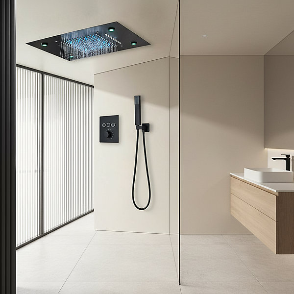 Mitigeur Douche Encastré Plafond Noir Mat LED 80x80cm Télécommande.