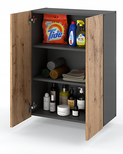 Armoire murale GRIS   Chêne Wotan 60cm - Meuble haut et colonne pour salle de bain