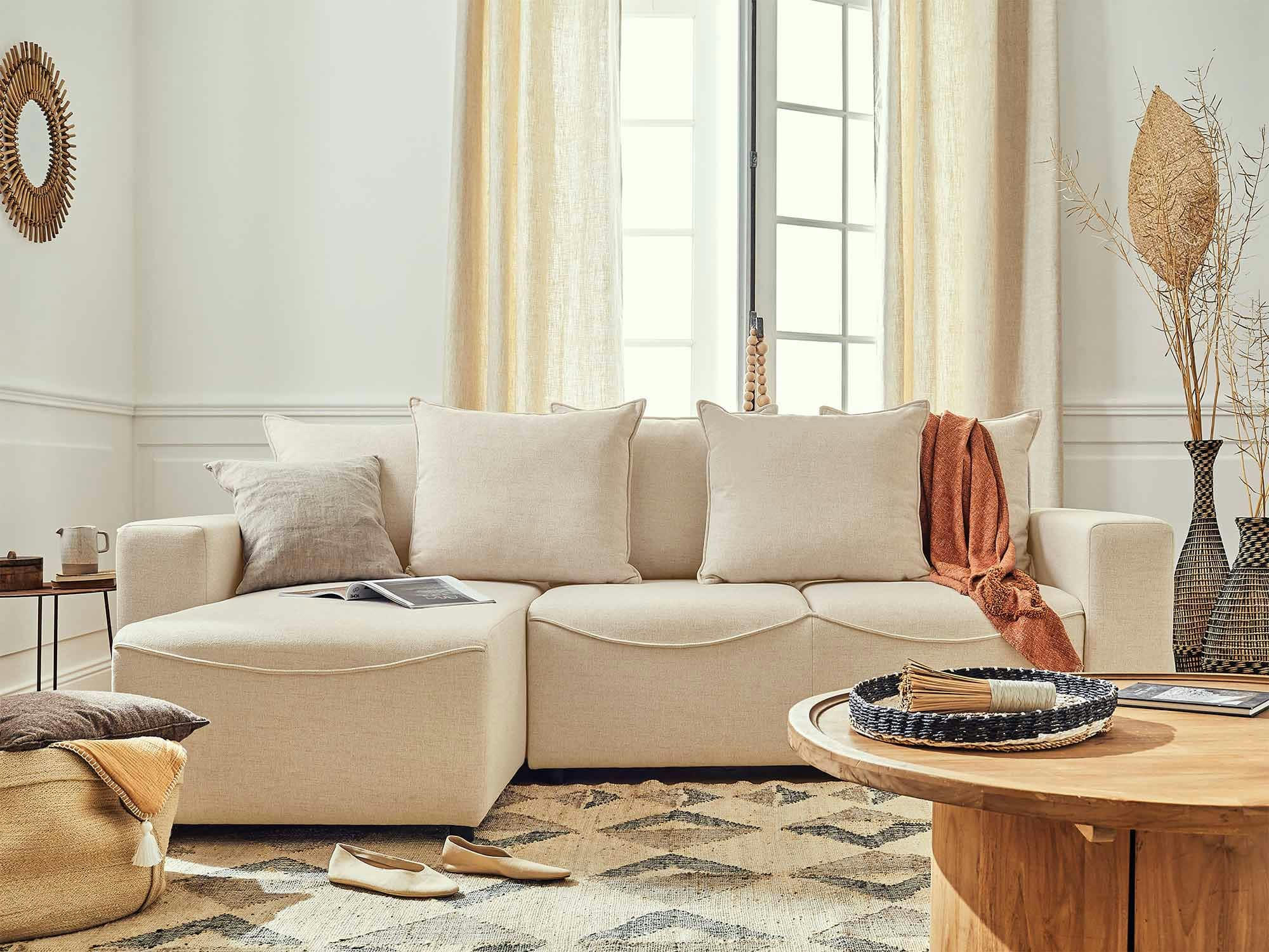 CAPUCINE - Canapé d'angle réversible convertible 4 places en tissu beige