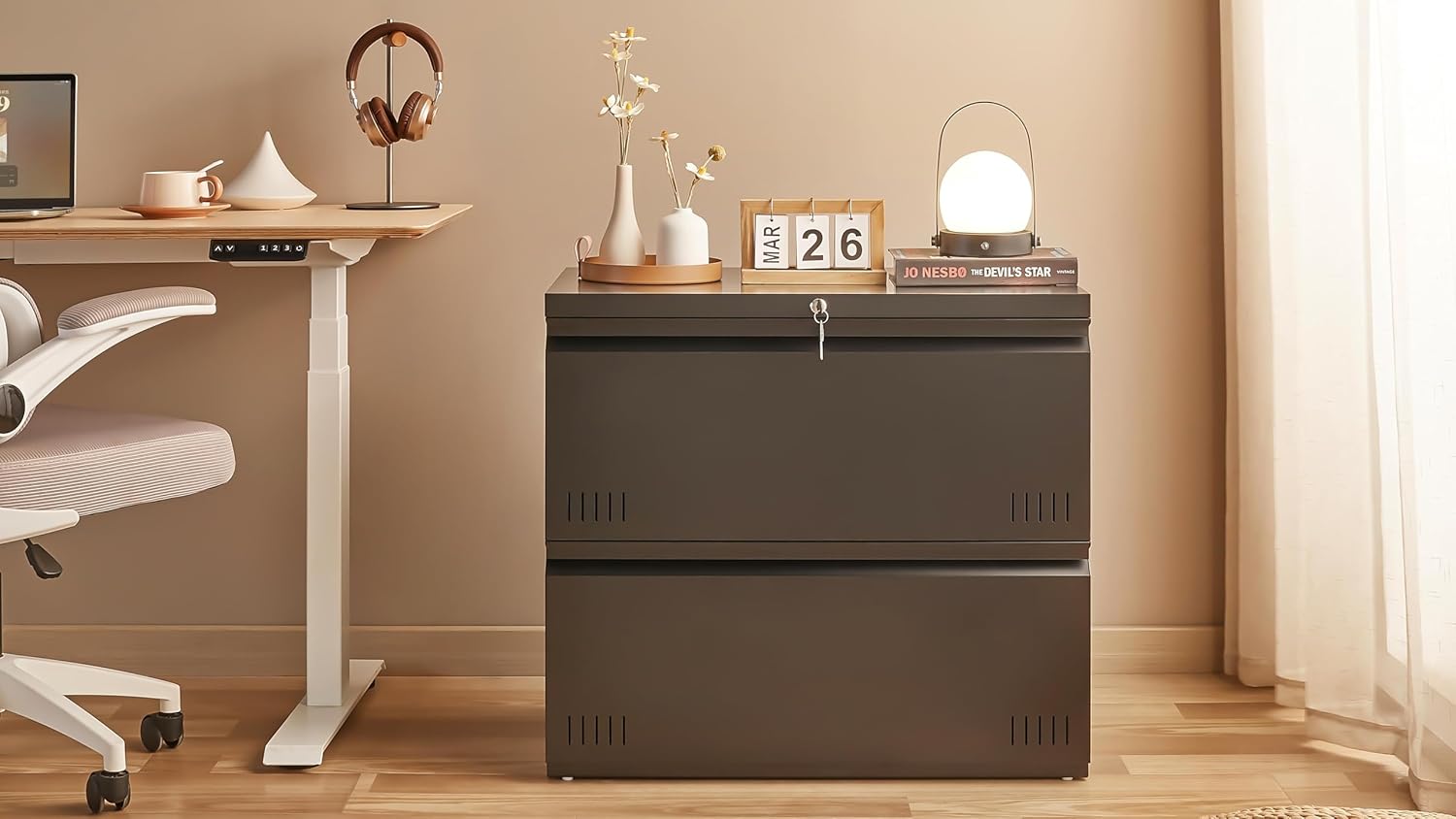 Guizeeopo Metal File Cabinet with Lock, 2 Drawer Lateral File Cabinets for Home Office, Printer Stand, Heavy Duty Office Storage Cabinet for A4/Letter/Legal Size, Assembly Required(Black)