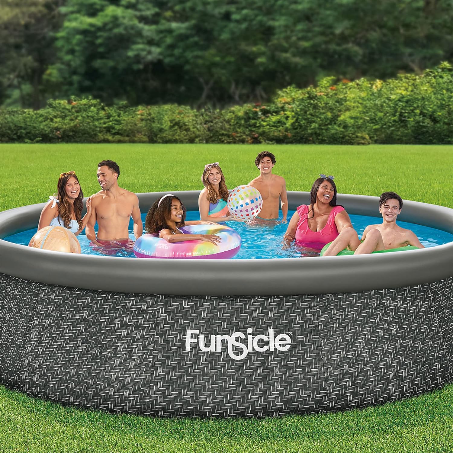 12 Foot by 36 Inch Quickset Round Inflatable Ring Top Outdoor Above Ground Swimming Pool Set with Pump and Cartridge Filter, Dark Herringbone(18' x 48)