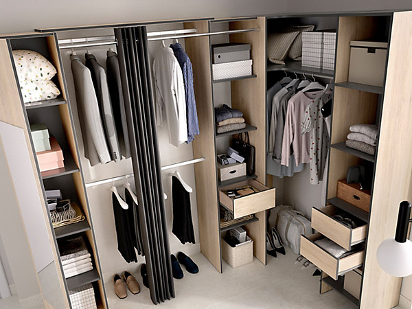 Dressing d'angle avec rideau et 1 porte - Avec miroir - L231 cm - Coloris : Naturel et anthracite - BERTRAND