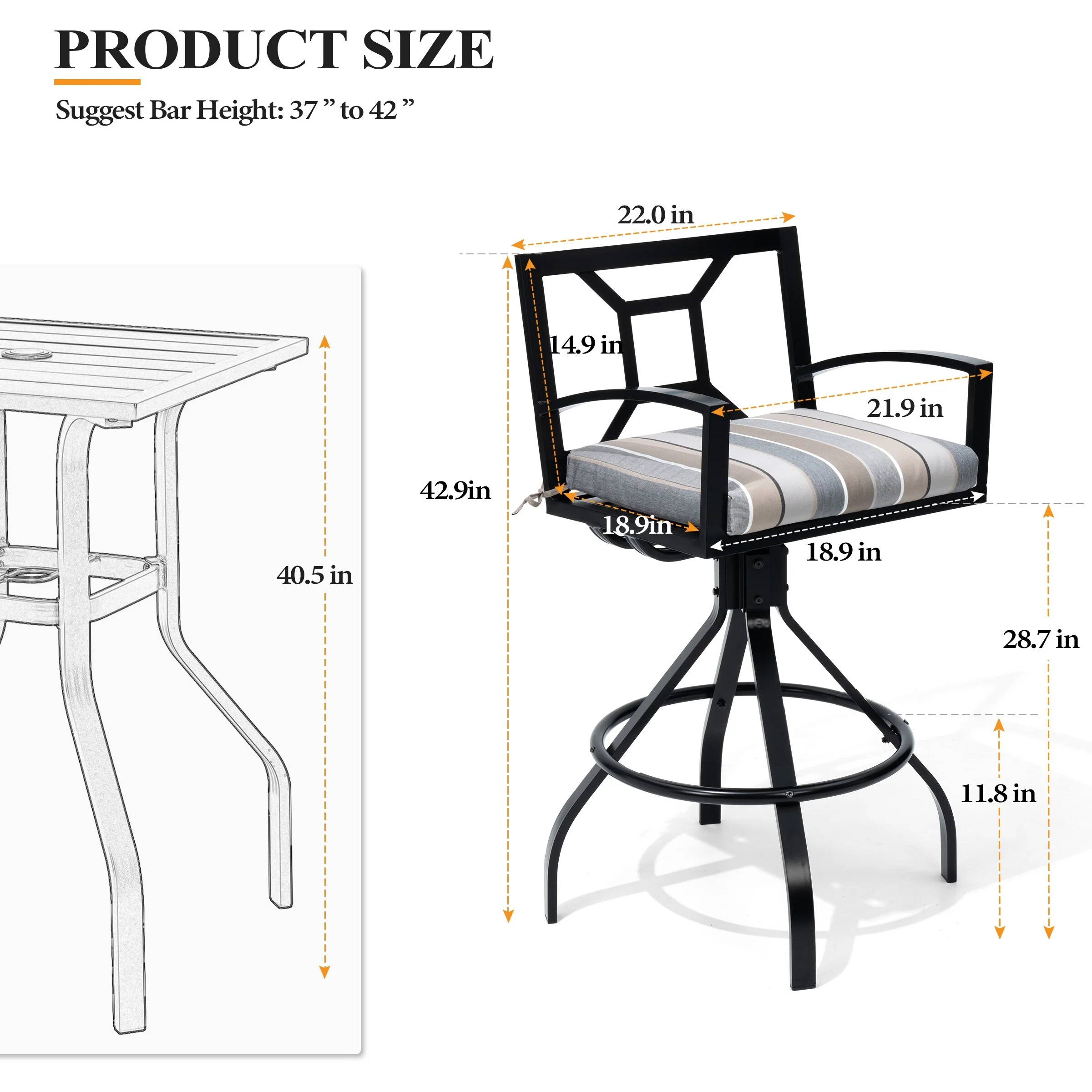 Outdoor Patio Barstool Swivel Aluminum Bar Stools with Sunbrella Fabric Cushion