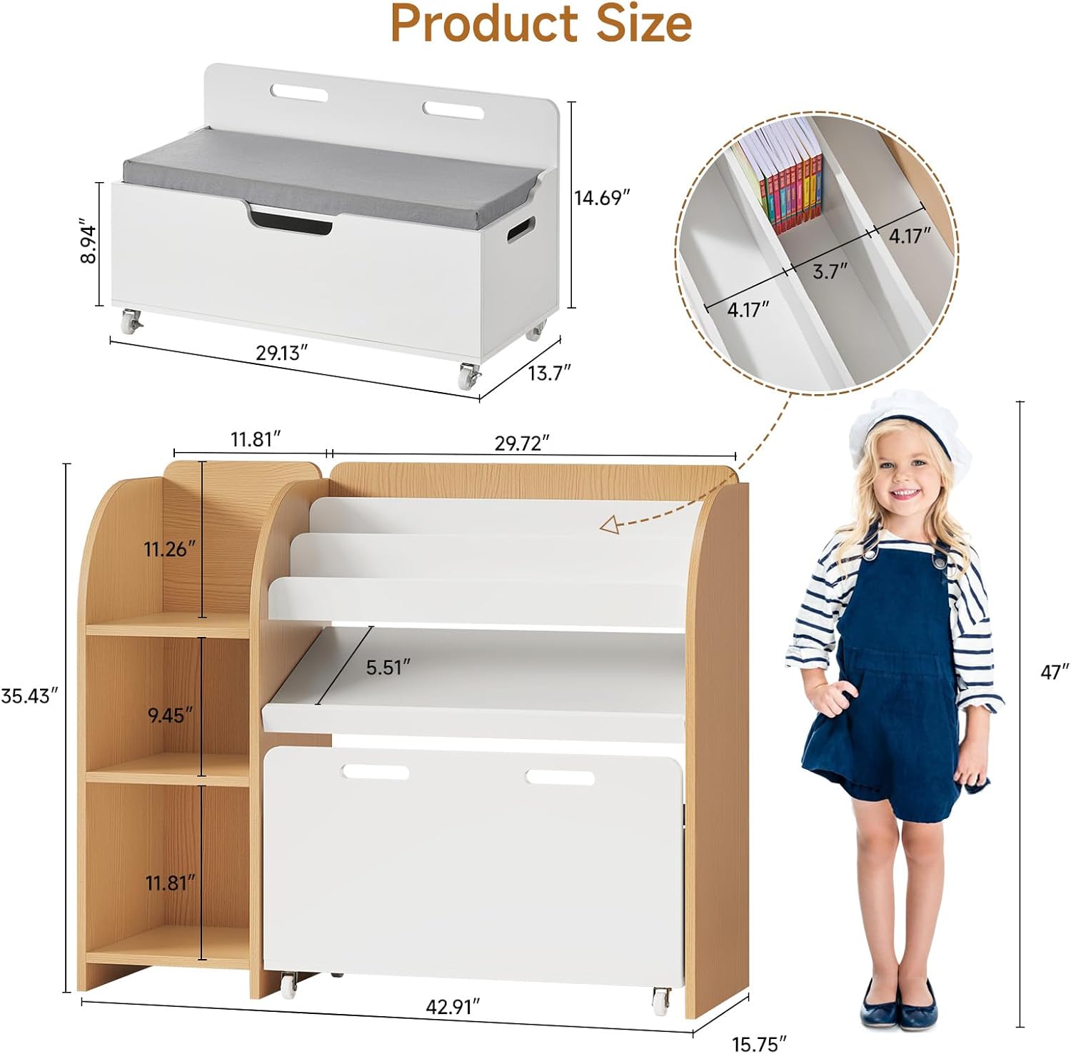 ONBRILL Kids Bookshelf and Toy Storage Organizer with Bench and Telescopic Book Holder, Reading Nook with Toy Box, Kids Furniture for Playroom, Bedroom, Living Room (White and Natural)