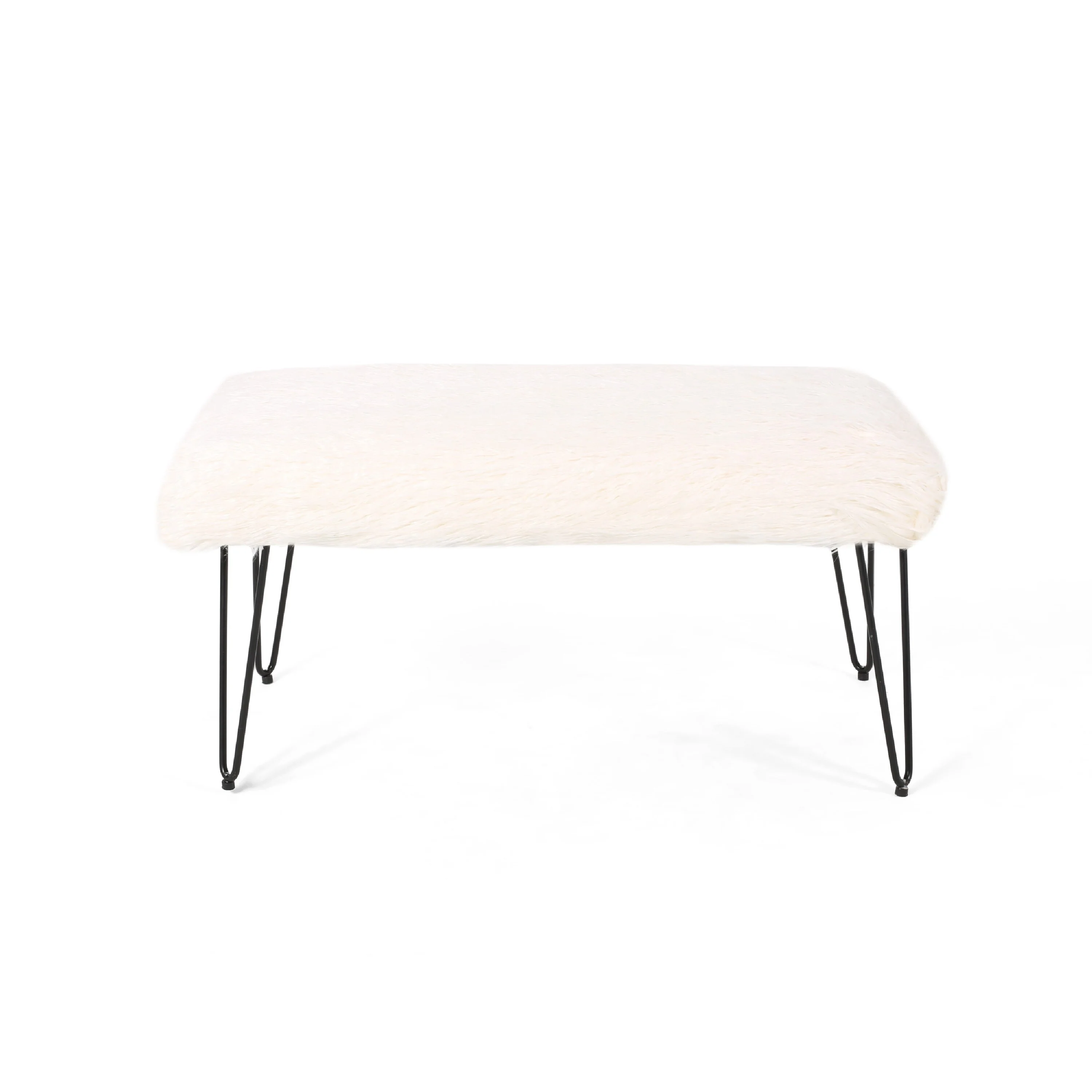 Saki Ottoman Bench, Black Modern Hairpin Legs, White Faux Fur, 34 Inch