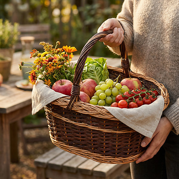 Creative Home Grand Panier Osier Bicolore Avec Anse 48 x 34 x 40 cm - Panier Fruits Cadeau - Brun Naturel