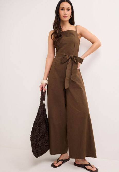 Womens Brown Bow Detail Belted Jumpsuit